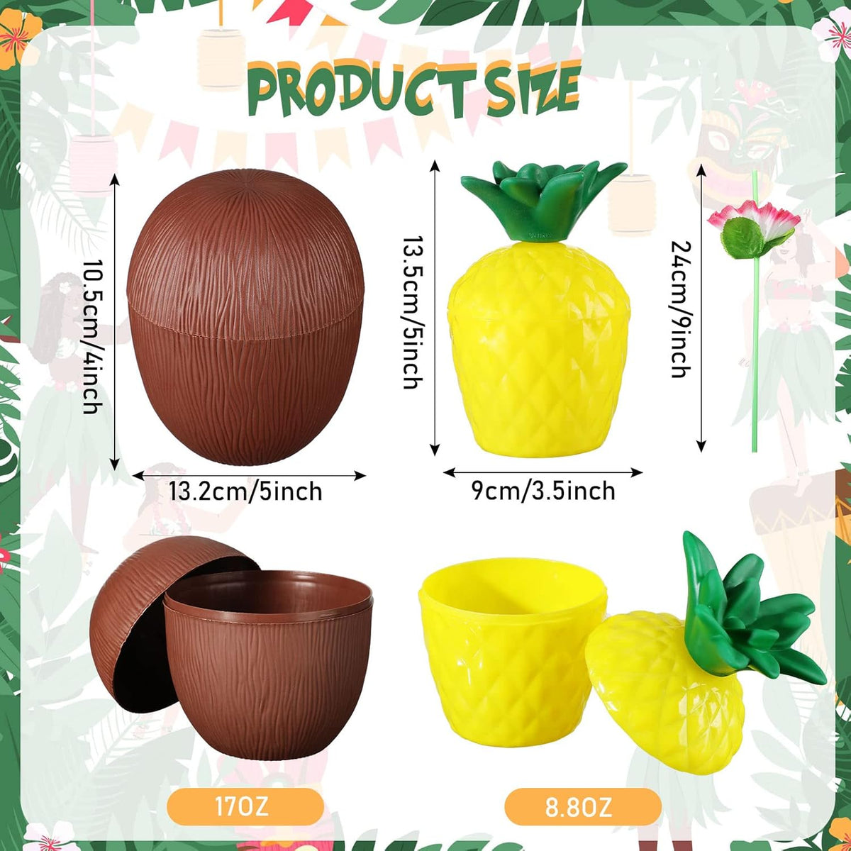 Ananas & Hindistan Cevizi Tasarımlı Pipetli Bardak Seti (6 Adet) (5538) 2
