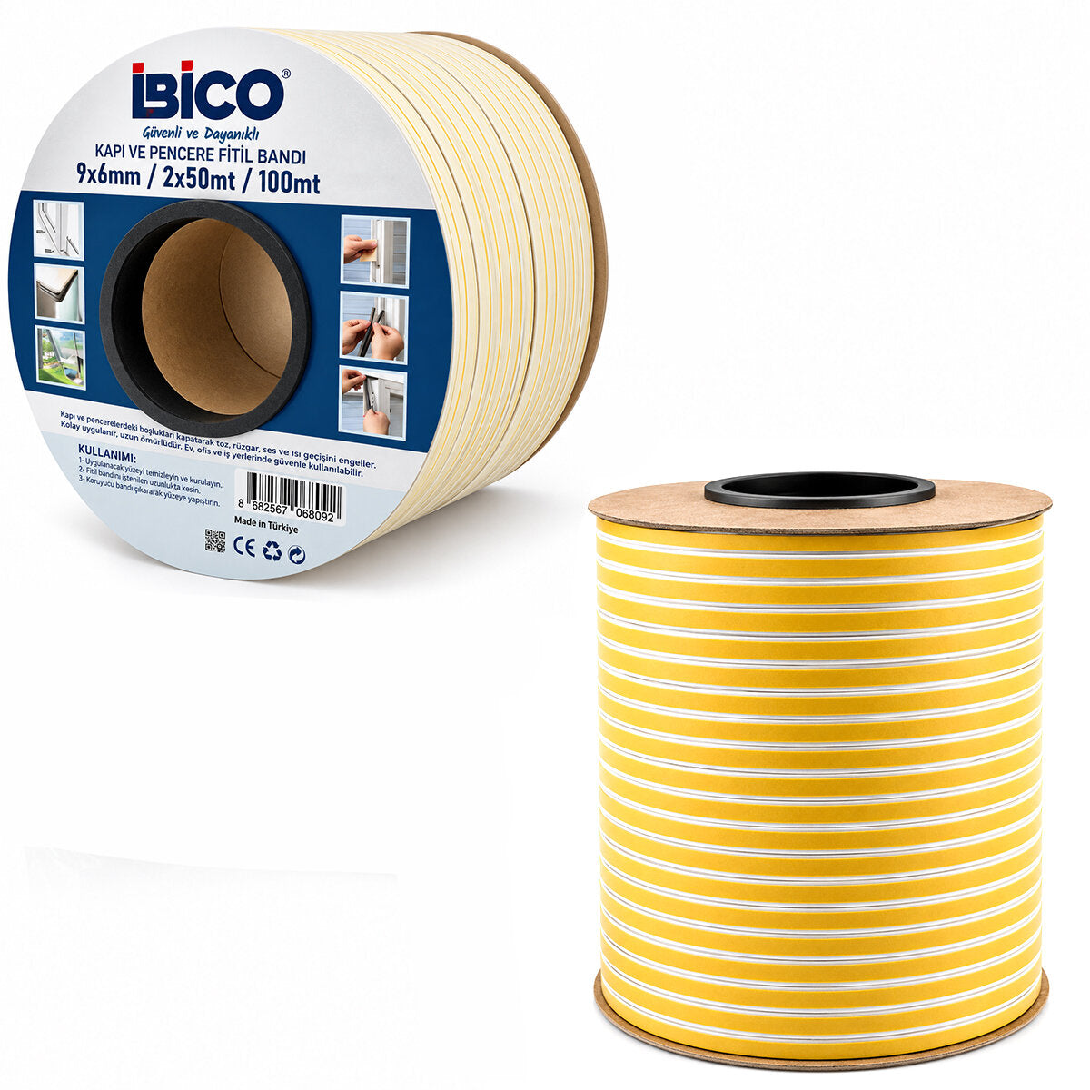 BEYAZ 2X50 = 100MT BOBİN FİTİL KAPI - PENCERE BANT D PROFİL 9X6MM BANDI (5538) 1