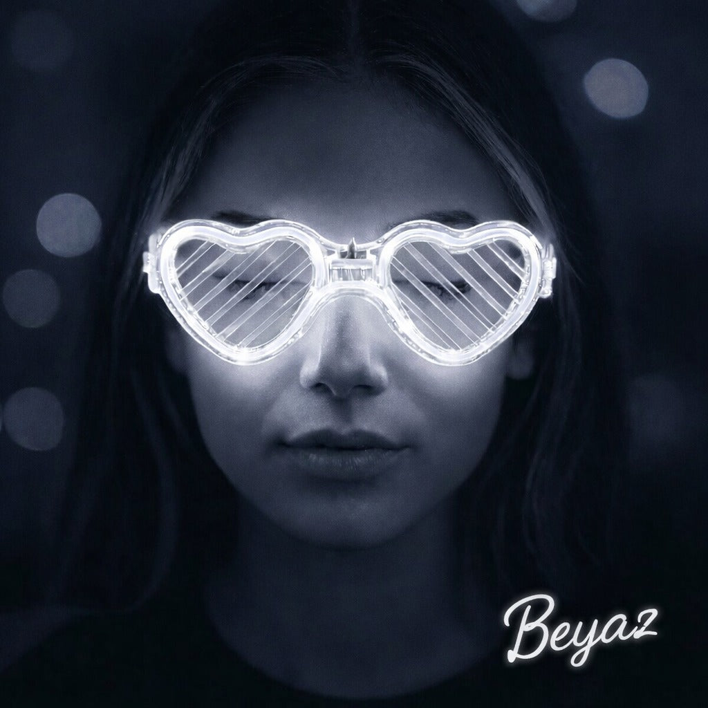 Beyaz LED Işıklı Kalp Gözlük – 3 Modlu Parti - Glow Gözlüğü (5538) 1