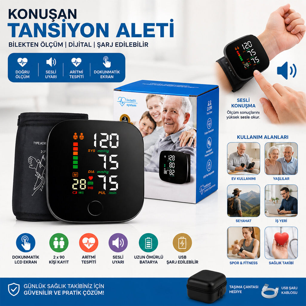 BİLEK ÖLÇÜM 7X8.3CM USB SARJLI - DİJİTAL KONUŞAN TANSİYON ALETİ BK-606 (5538) 1