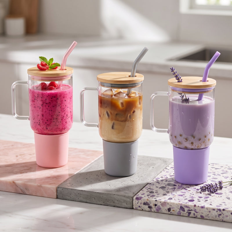 1000 ml Cam Matara Kupa Bardak - Bambu Kapaklı - Silikon Kılıflı - Çelik Pipetli 1