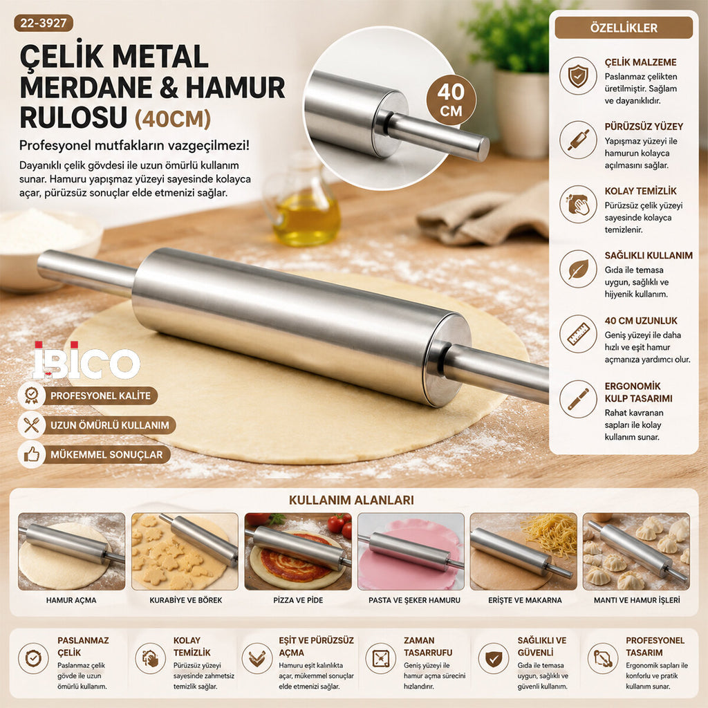 ÇELİK METAL MERDANE - HAMUR RULOSU 40CM (5538) 2