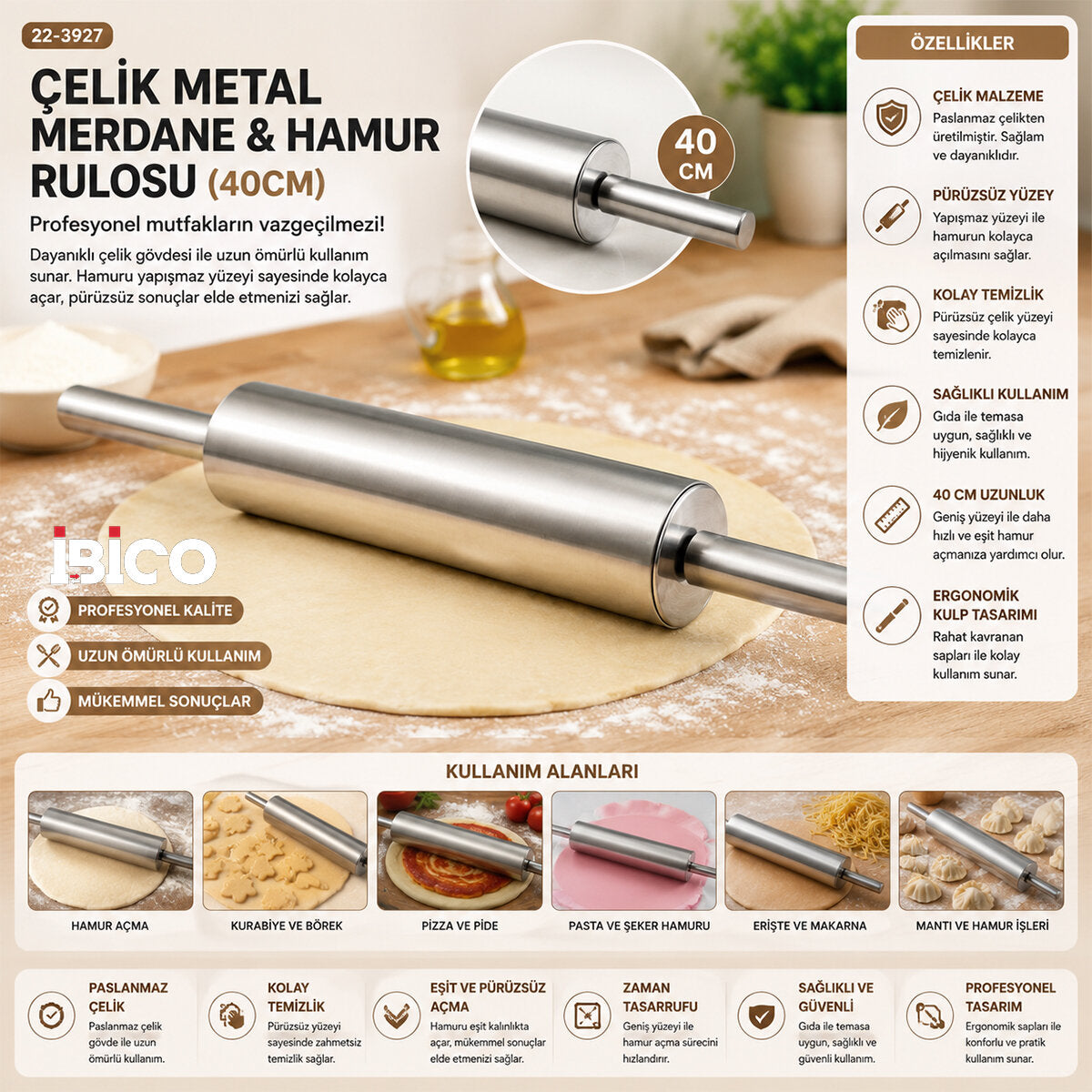 ÇELİK METAL MERDANE - HAMUR RULOSU 40CM (5538) 2