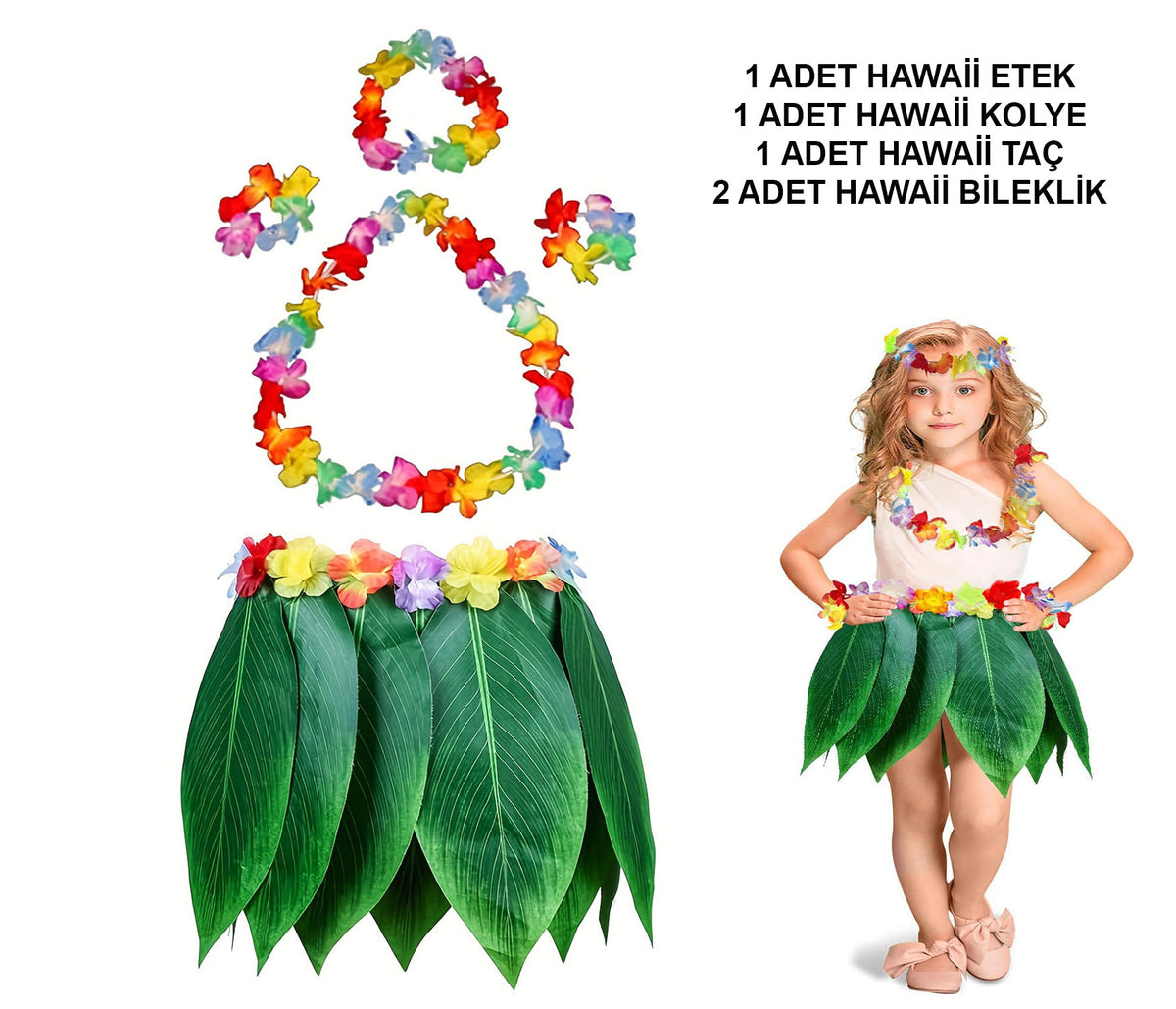 Çocuk Hawaii Kostüm Seti - Yaprak Etek & Hawaii Set - 5 Parça (5538) 1