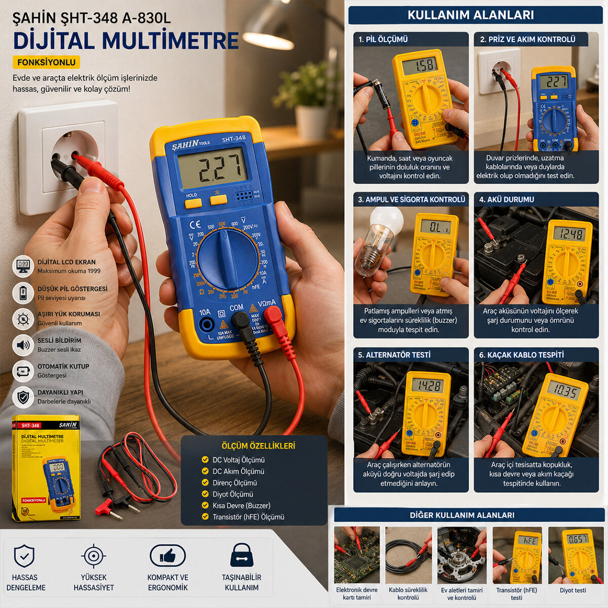 ÇOK FONKSİYONLU DİJİTAL MULTİMETRE DC VOLTAJ- AKIM- DİRENÇ- DİYOT- TRANSİSTÖR- KISA DEVRE- ÖLÇÜM (5538) 2