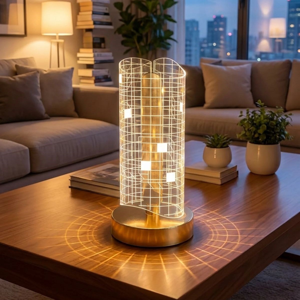 Dalgalı Silindirik Kristal Kareli Model LED Masa Lambası – Gold Tabanlı, Dokunmatik, 3 Renk Işık Modlu, Şarjlı Modern Dekoratif Gece Lambası (5538) 2