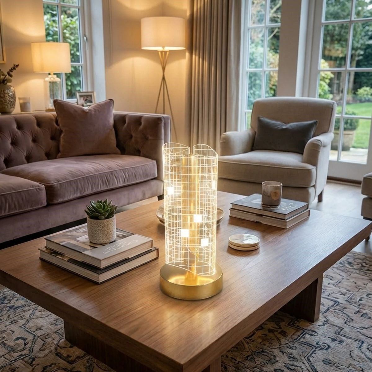 Dalgalı Silindirik Kristal Kareli Model LED Masa Lambası – Gold Tabanlı, Dokunmatik, 3 Renk Işık Modlu, Şarjlı Modern Dekoratif Gece Lambası (5538) 4