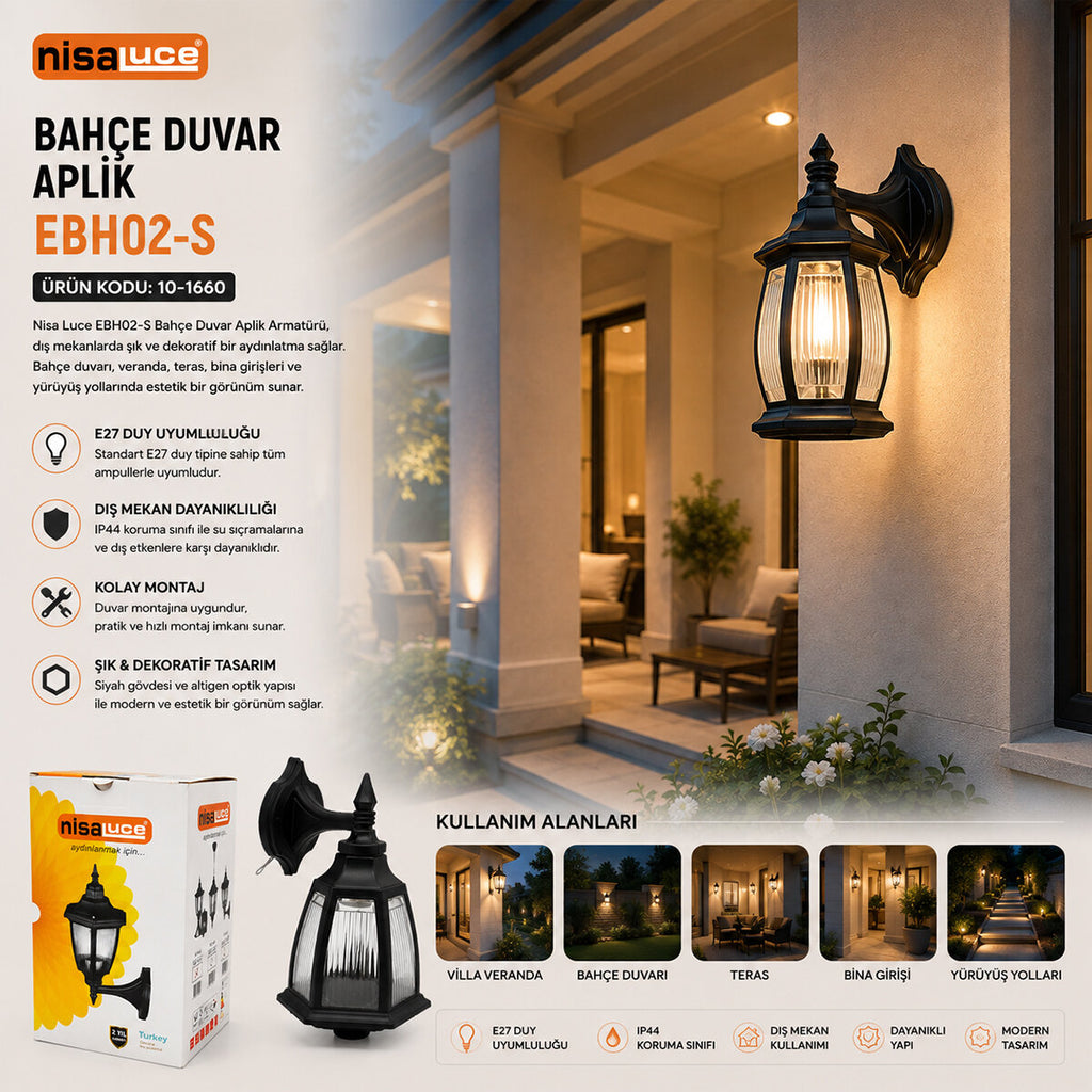 E27 - IP44 SİYAH 60W DUVAR APLİK BAHÇE-BALKON SOKAK LAMBASI - ARMATÜR EBH02-S (5538) 2