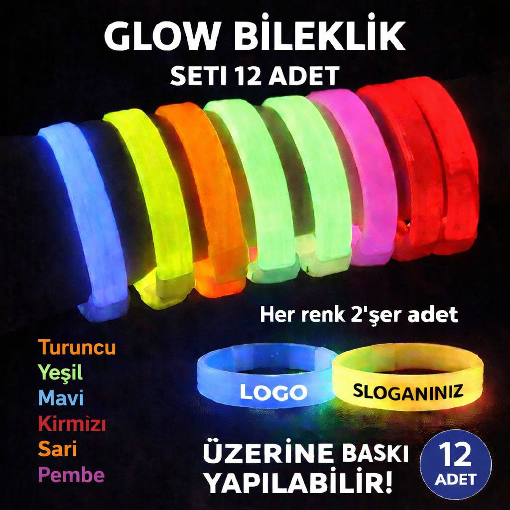 Glow Kalın Bileklik 12’li Set | Baskıya Uygun Renkli Model (5538) 1