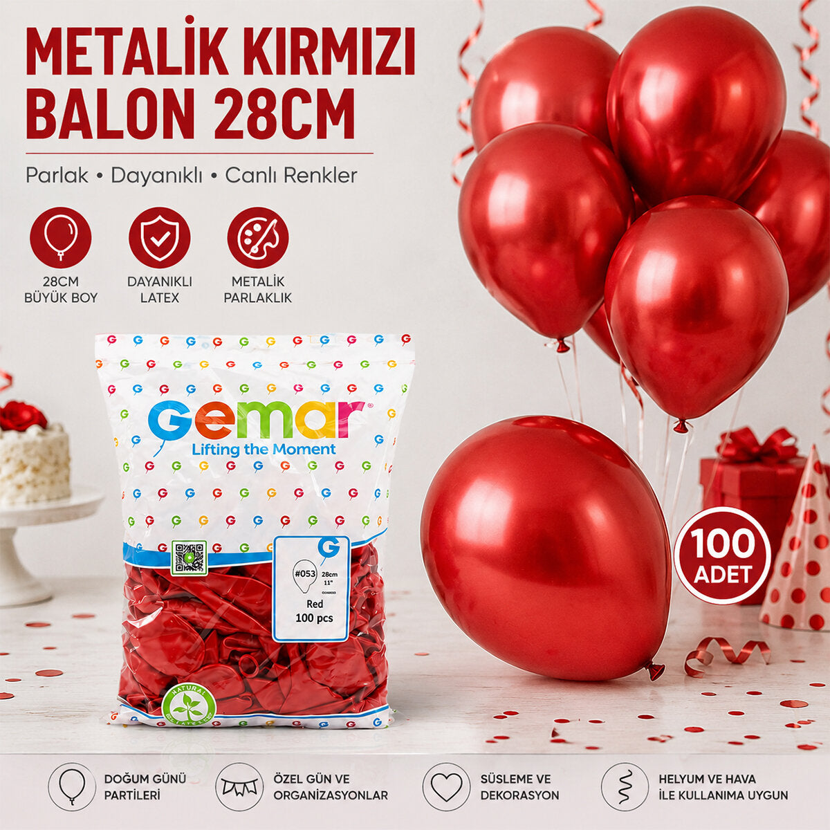 GM-110-53 METALİK - KIRMIZI BALON 11'' - 28CM - 100 PARÇA (5538) 2