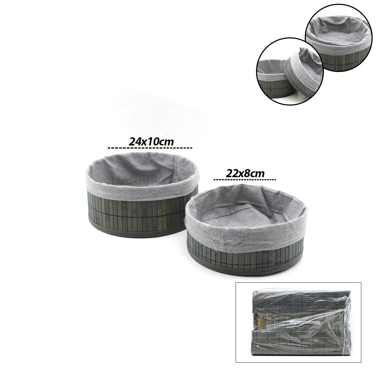GRİ 2 BOY YUVARLAK BAMBU KENAR ORGANİZER SEPET AHŞAP ALTLIK - BEZLİ ÇAP=22X24CM (5538) 1