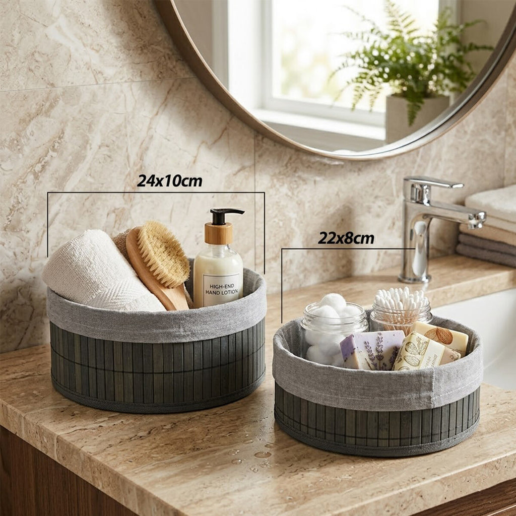 GRİ 2 BOY YUVARLAK BAMBU KENAR ORGANİZER SEPET AHŞAP ALTLIK - BEZLİ ÇAP=22X24CM (5538) 2