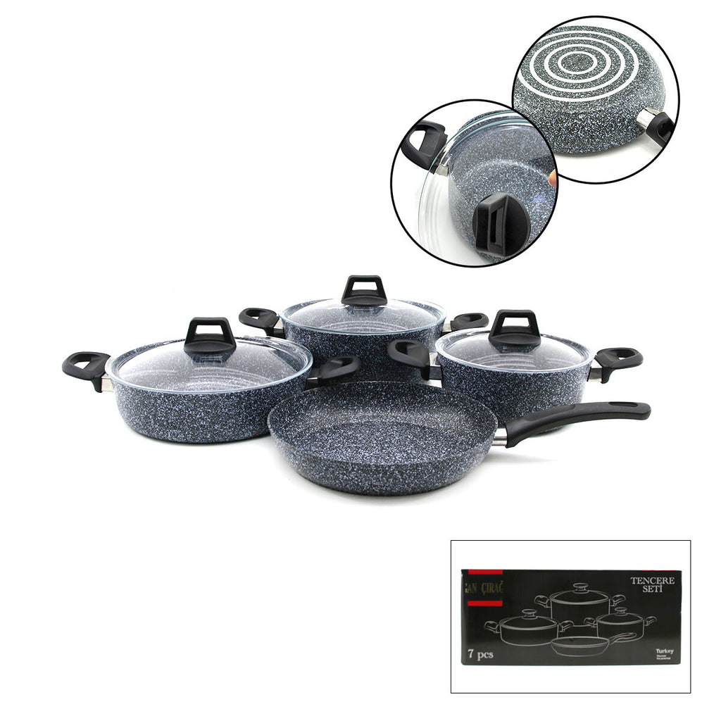 GRİ 7 PARÇA GRANİT TENCERE - TAVA SETİ 20-24CM DERİN - 27CM BASIK CAM KAPAK TENCERE - 26CM TAVA (5538) 1