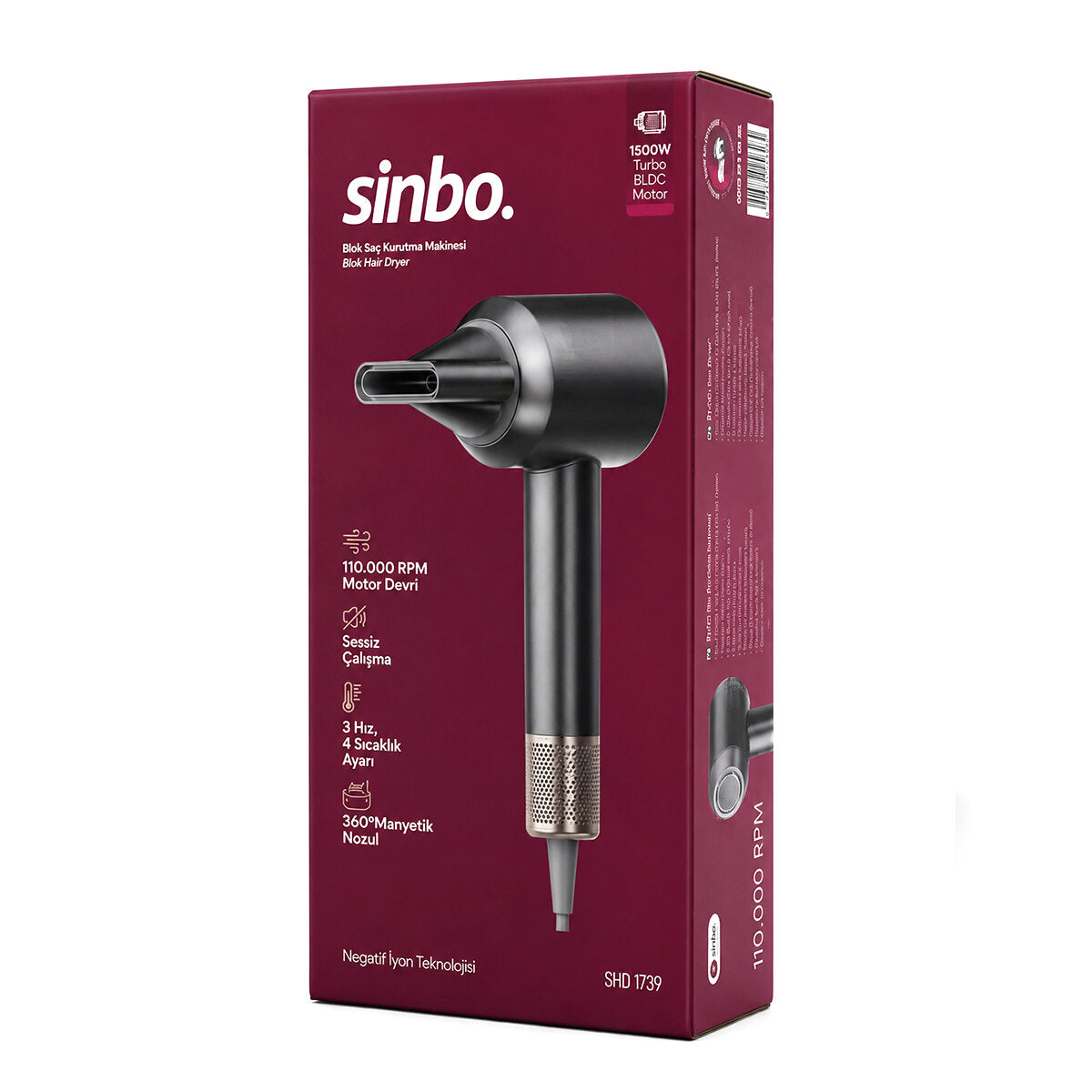 GRİ BLDC TURBO MOTOR SAÇ KURUTMA - ŞEKİL MAKİNESİ 1500W 3-KDM.HIZ 4-KDM.ISIAYAR=SICAK-ILIK-HAFİF-SOĞUK SHD-1739 (5538) 2