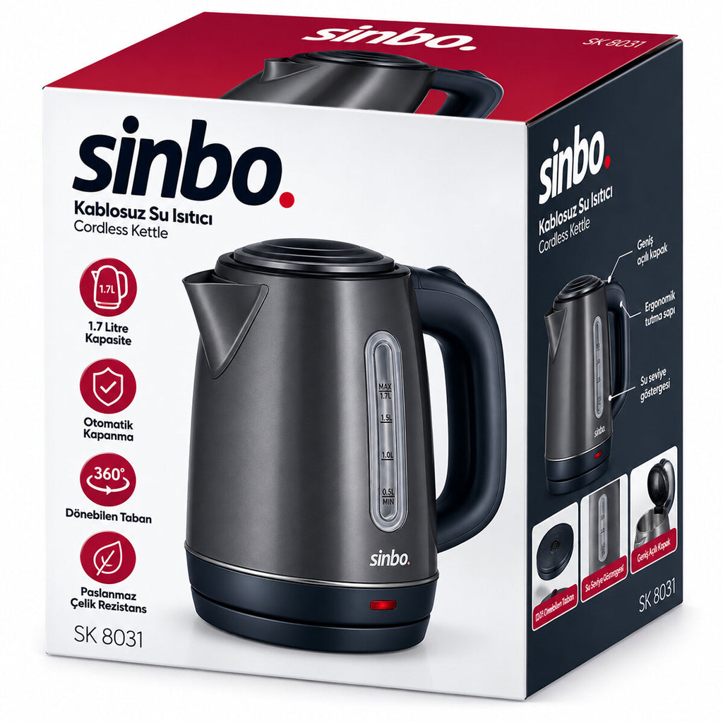 GRİ ÇELİK KETTLE SU ISITICISI KABLOSUZ KULLANIM 1.8LT 360 DERECE DÖNEBİLME OTOMATİK KAPANMA SK-8031 (5538) 3