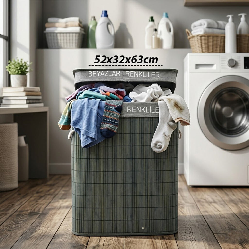 GRİ DİKDÖRTGEN 2 BÖLMELİ 52X32CM Y:63CM BAMBU AHŞAP KİRLİ ÇAMAŞIR SEPETİ KUMAŞ ÇANTALI İP KULP (5538) 1