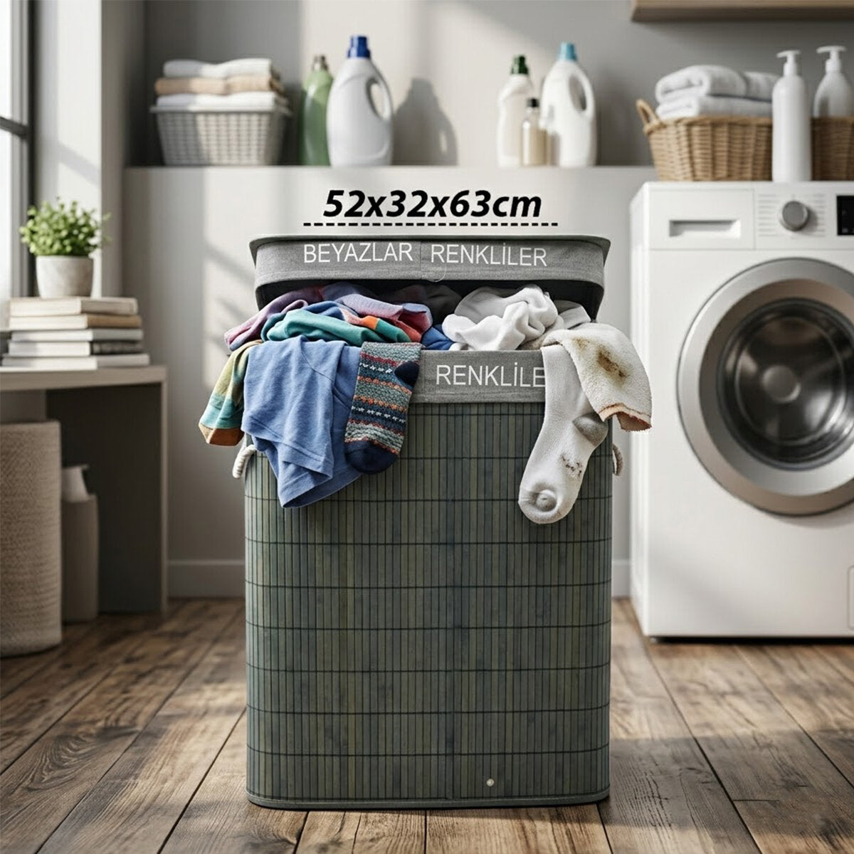 GRİ DİKDÖRTGEN 2 BÖLMELİ 52X32CM Y:63CM BAMBU AHŞAP KİRLİ ÇAMAŞIR SEPETİ KUMAŞ ÇANTALI İP KULP (5538) 1