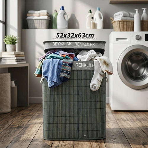 GRİ DİKDÖRTGEN 2 BÖLMELİ 52X32CM Y:63CM BAMBU AHŞAP KİRLİ ÇAMAŞIR SEPETİ KUMAŞ ÇANTALI İP KULP (5538) 1