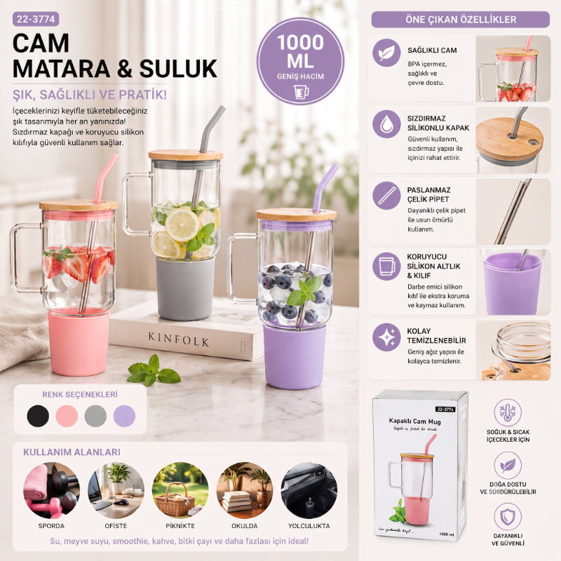 1000 ml Cam Matara Kupa Bardak - Bambu Kapaklı - Silikon Kılıflı - Çelik Pipetli 2