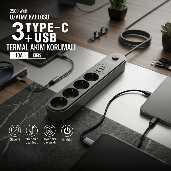 Termal Akım Korumalı 4 Prizli USB Girişli Uzatma Kablosu 1