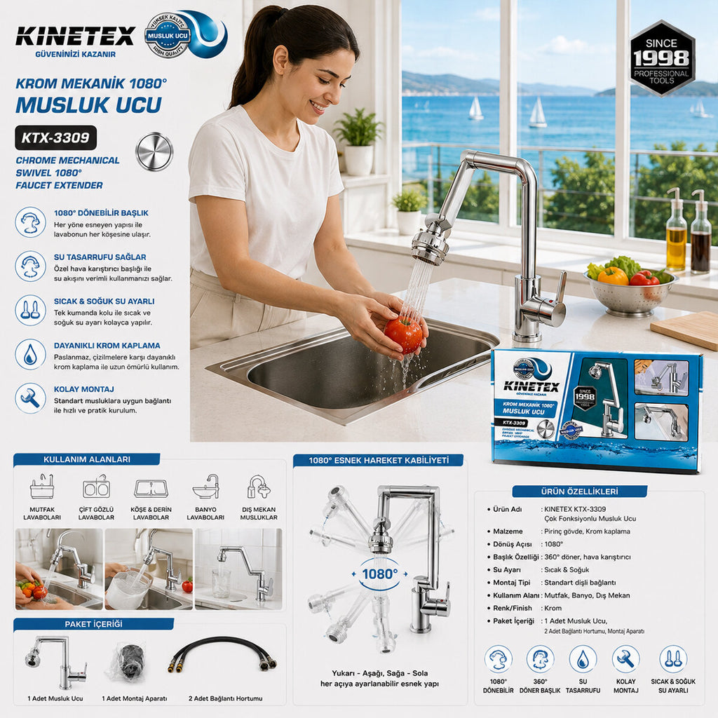 KROM RENKLİ SERT PLASTİK - 1080 DERECE DÖNEBİLEN ÇOK FONKSİYONLU MUSLUK BATARYA KTX-3309 (5538) 2
