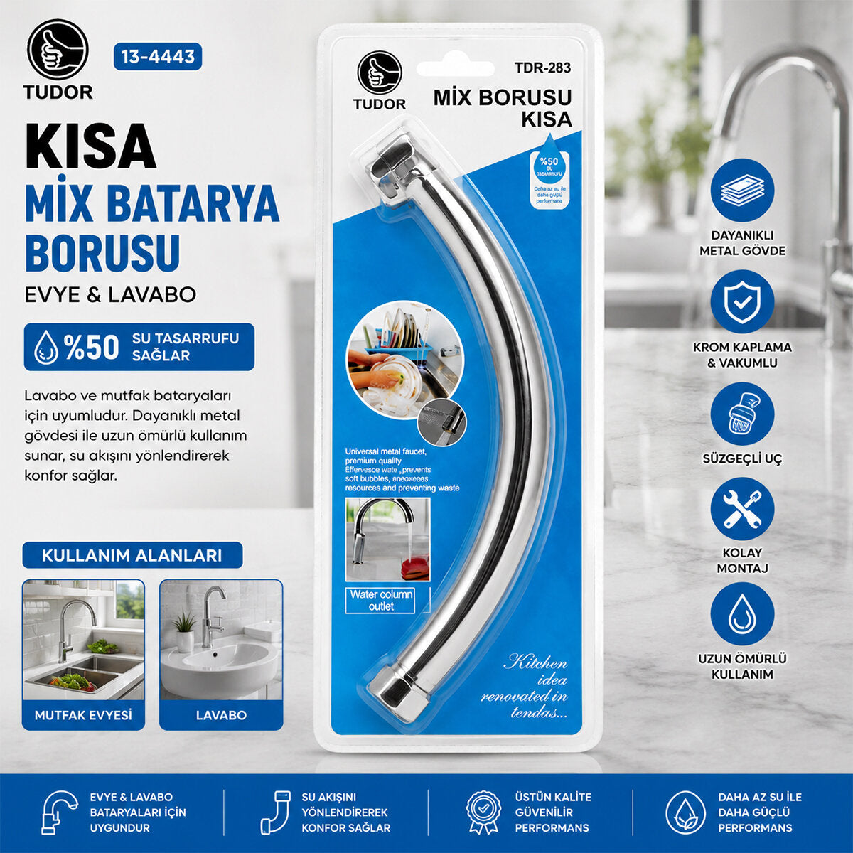 KUĞU EVYE - LAVABO KISA MİX BATARYA BORUSU KROM KAPLAMA - VAKUMLU - SÜZGEÇLİ UÇ (5538) 1
