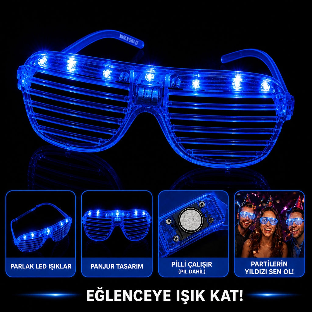 LED Işıklı Panjur Parti Gözlüğü Mavi Renk Shutter Gözlük (5538) 2