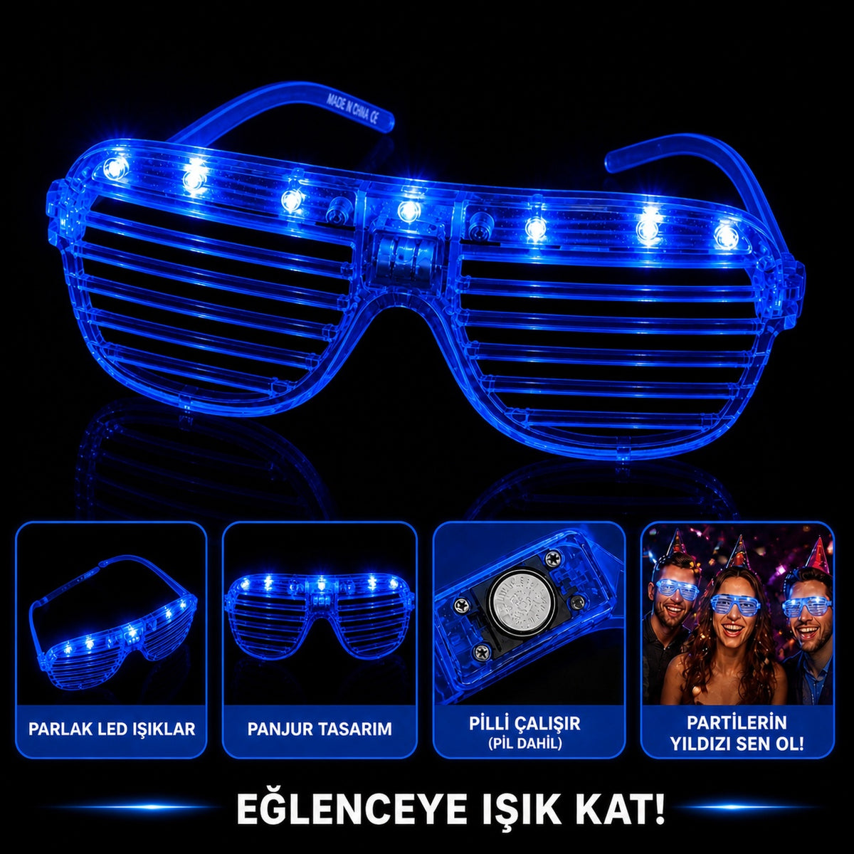 LED Işıklı Panjur Parti Gözlüğü Mavi Renk Shutter Gözlük (5538) 2