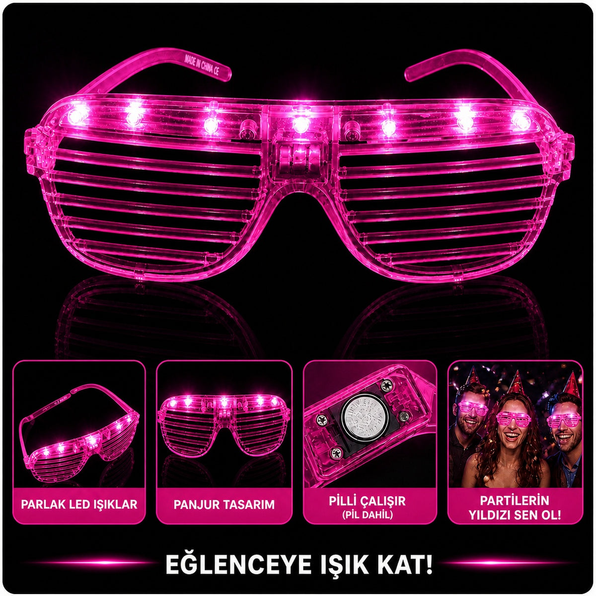 LED Işıklı Panjur Parti Gözlüğü Pembe Renk Shutter Gözlük (5538) 2
