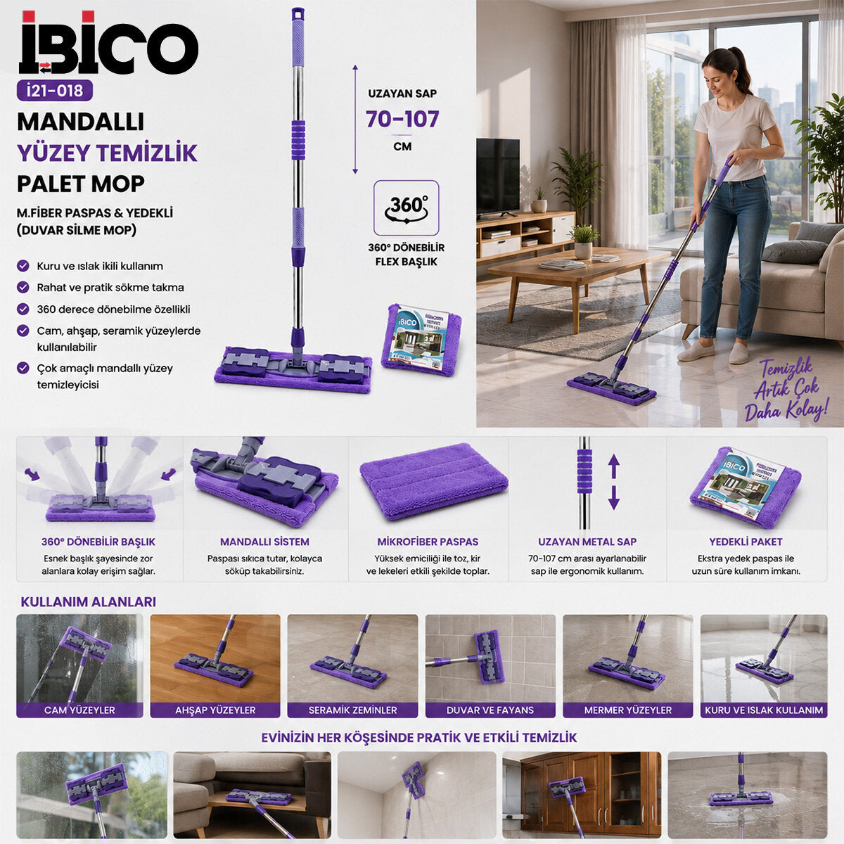 MANDALLI YÜZEY TEMİZLİK PALET MOP M.FİBER PASPAS - YEDEKLİ DUVAR SİLME MOP METAL UZAYAN SAP=70-107CM- 360° (5538) 2