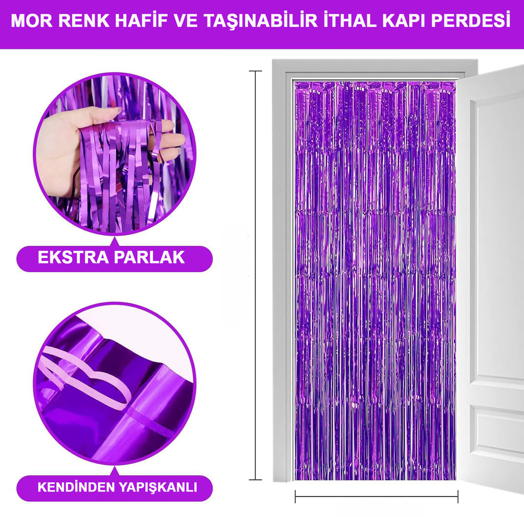 Mor Renk Ekstra Metalize Parlak Saçaklı Arka Fon Perde İthal A Kalite 1x2 Metre (5538) 1