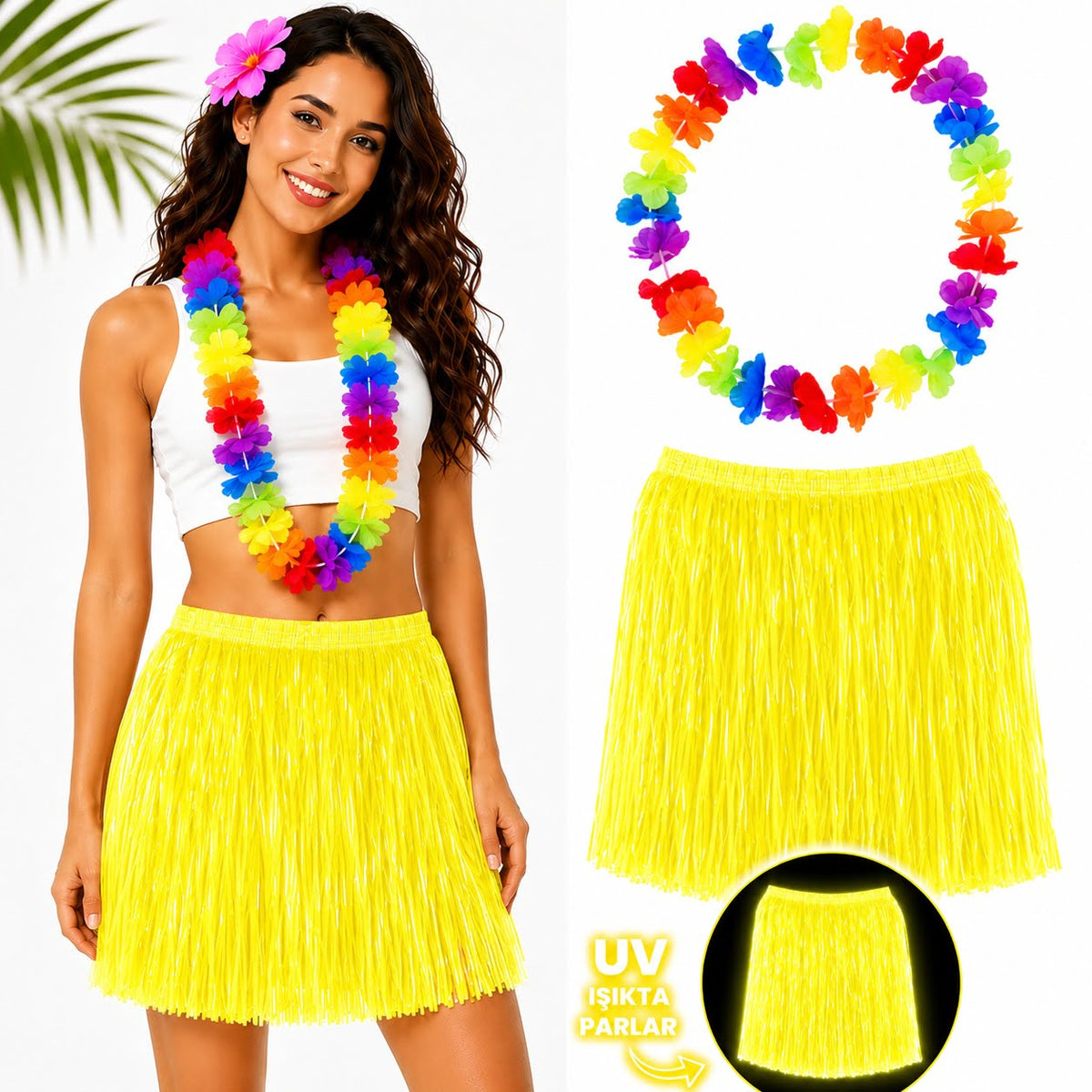 Neon Sarı Hawaii Etek 40 cm ve Rengarenk Hawaii Kolye (5538) 1