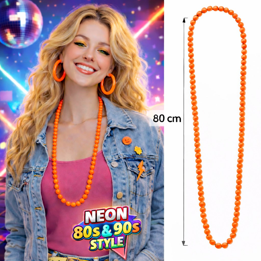 Neon Turuncu Boncuk Kolye 80 cm – Retro 80’ler 90’lar Parti Aksesuarı (5538) 1