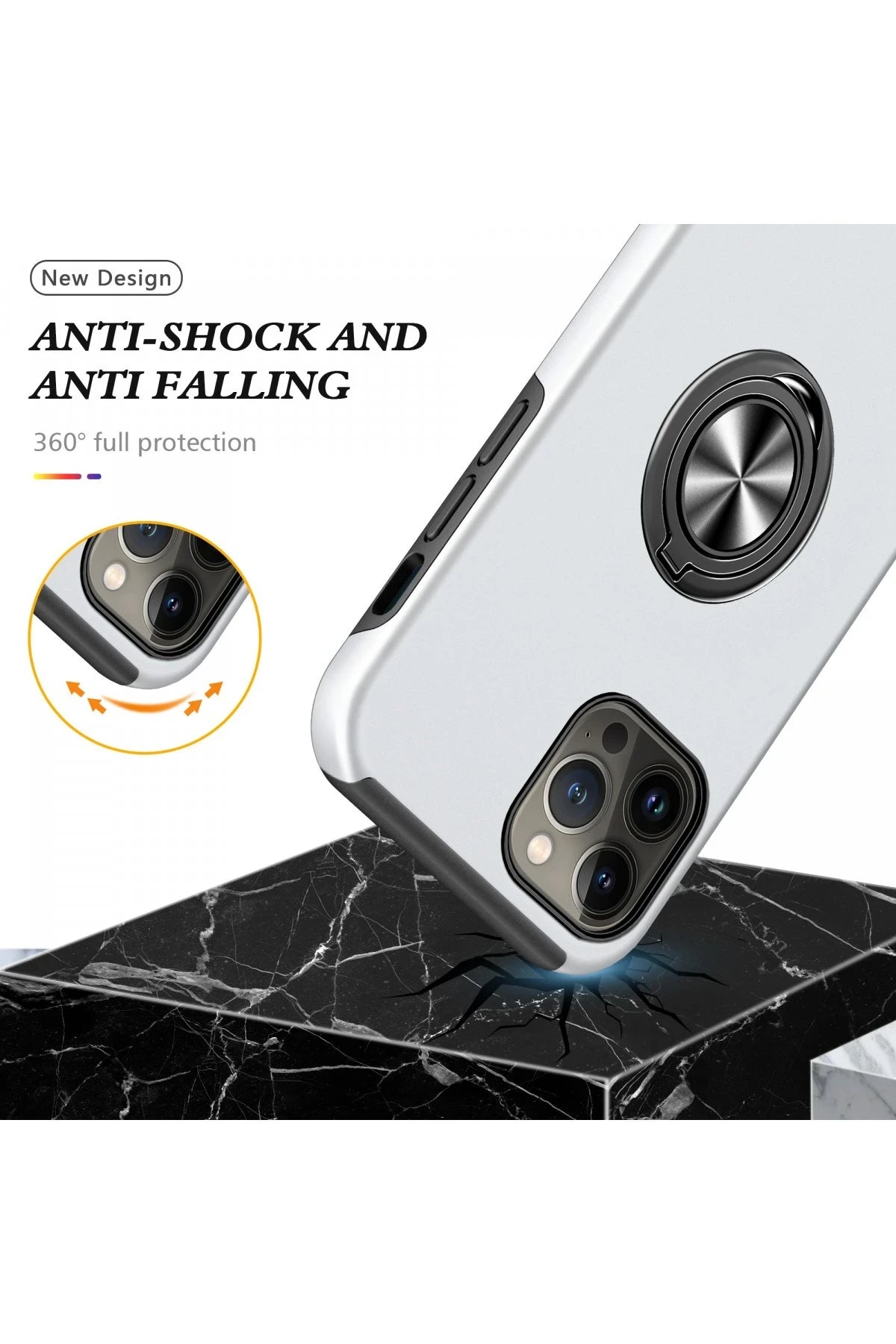 nebaktın Apple iPhone 13 Pro Kılıf Elit Yüzüklü Kapak - Gümüş 6