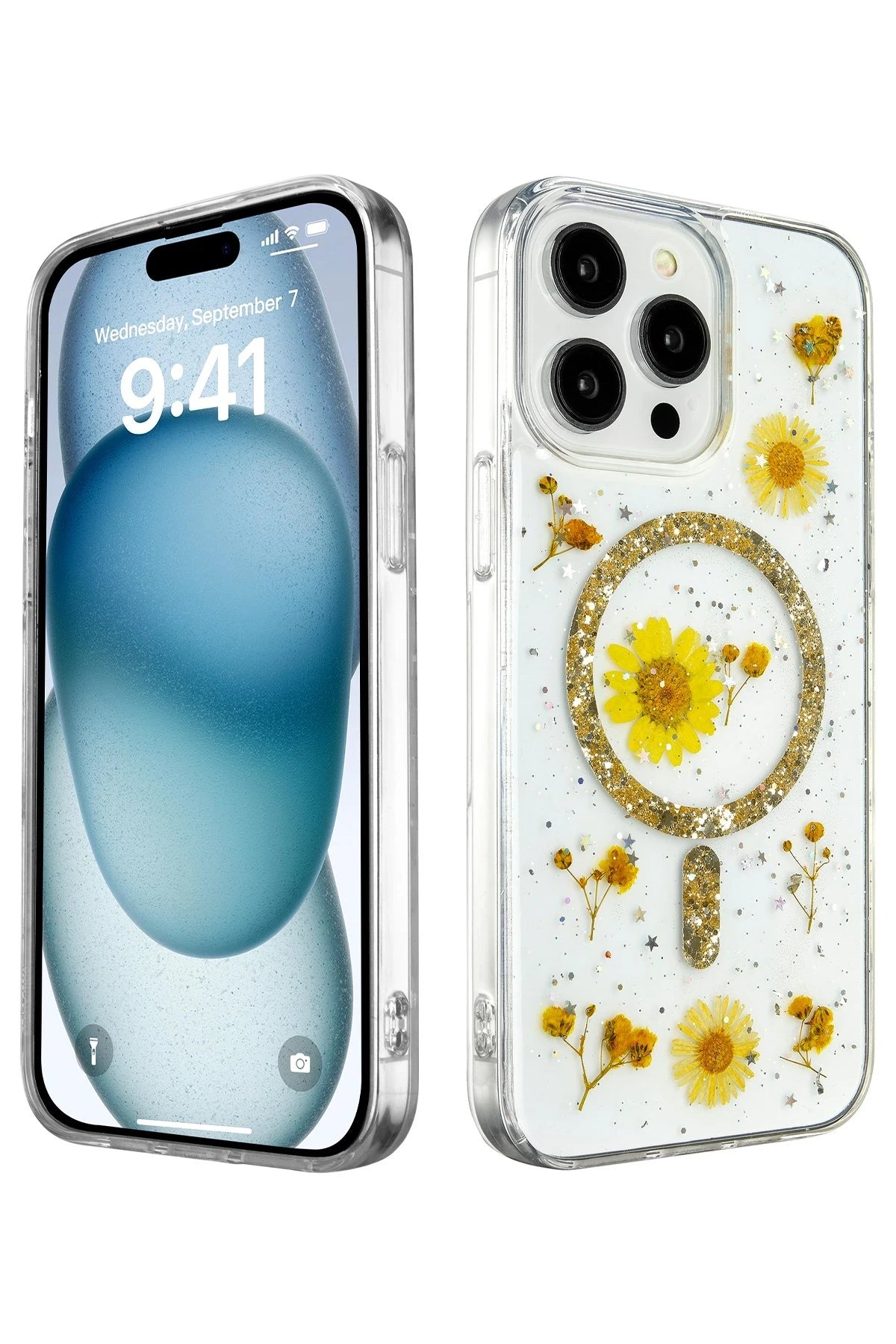 nebaktın Apple iPhone 15 Pro Kılıf Daisy Simli Magsafe Kapak - Gold 1