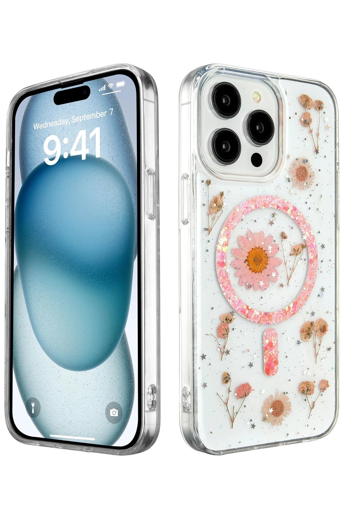nebaktın Apple iPhone 15 Pro Max Kılıf Daisy Simli Magsafe Kapak - Pembe 1