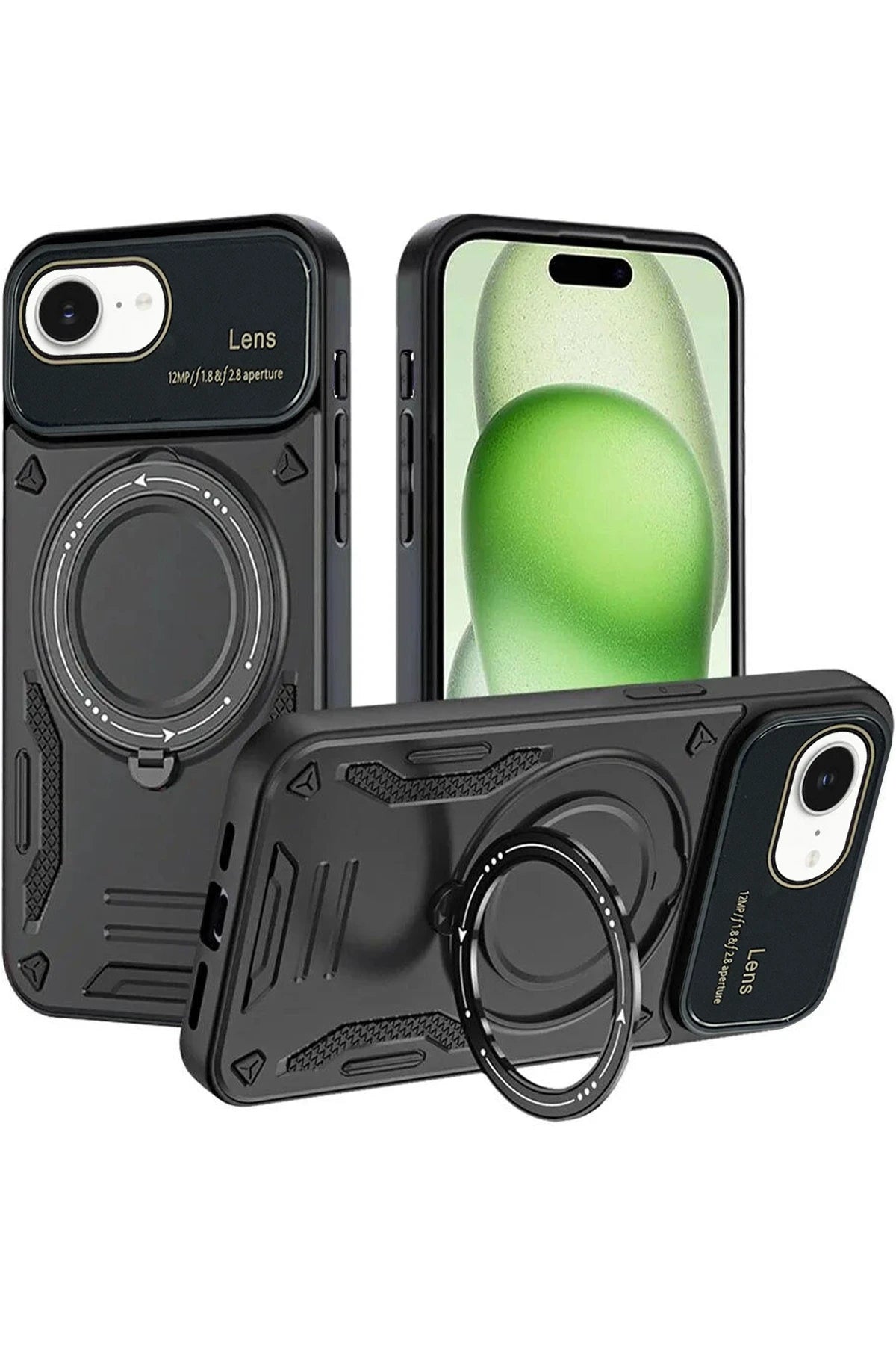 nebaktın Apple iPhone 16E Kılıf Joy Lens Standlı Kapak - Siyah 1