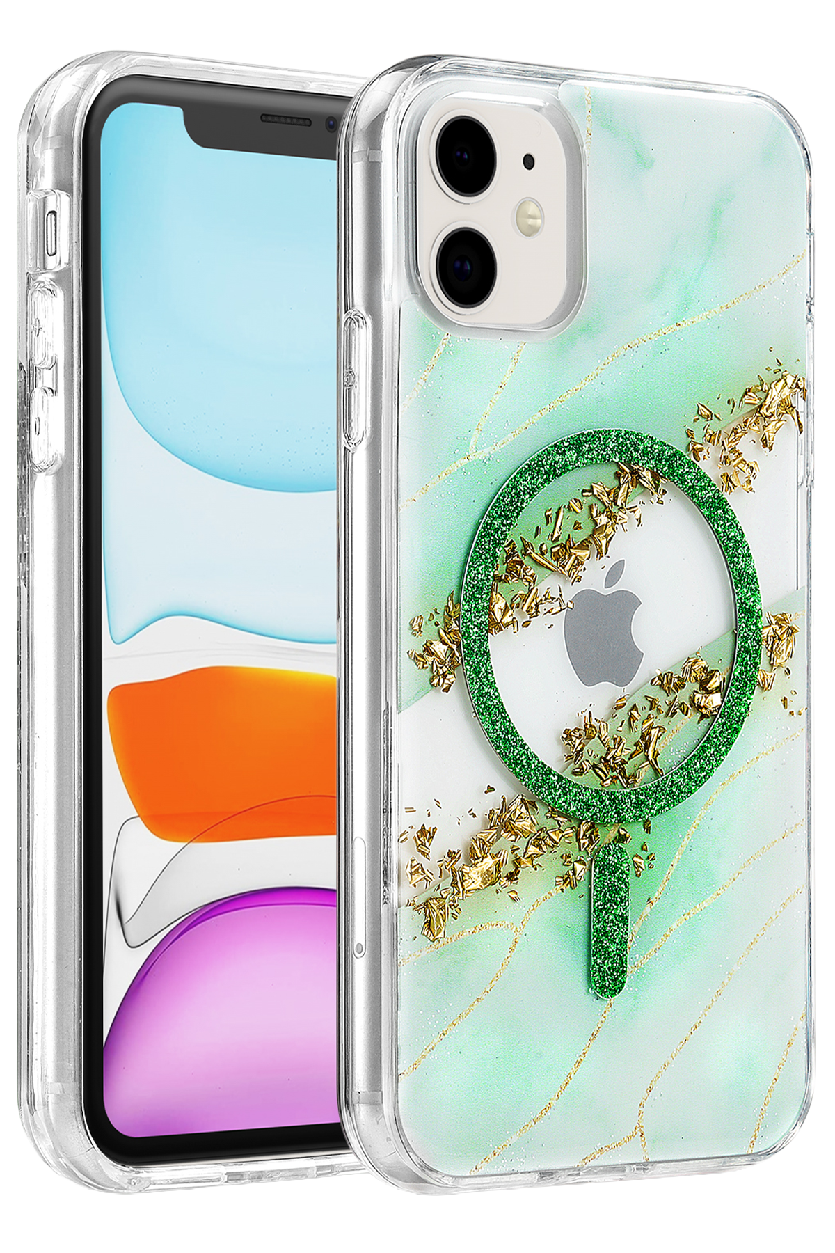 Onegif Apple iPhone 11 Lotus Simli Magsafe Kapak - Yeşil 1