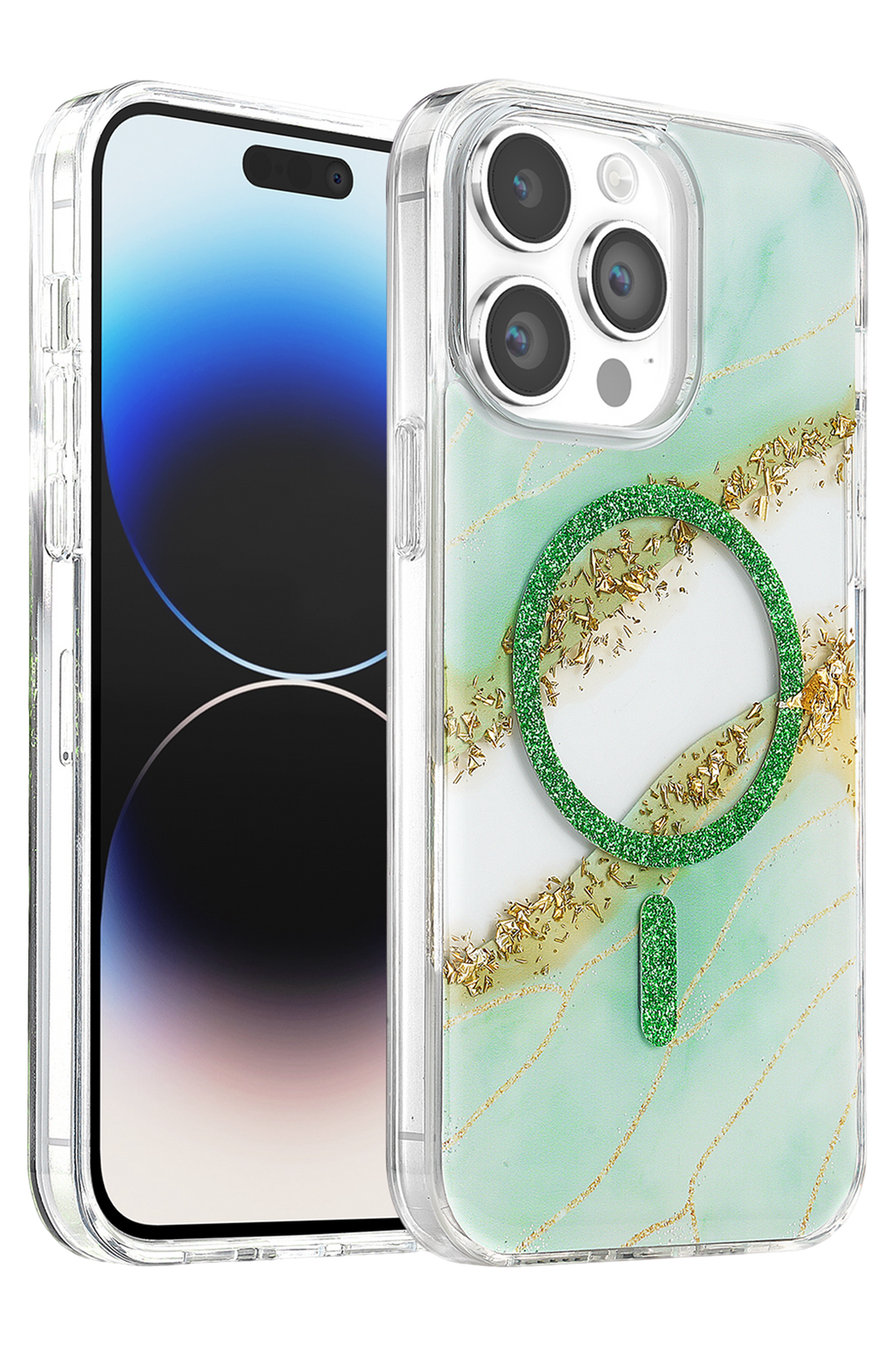 Onegif Apple iPhone 14 Pro Max Lotus Simli Magsafe Kapak - Yeşil 1