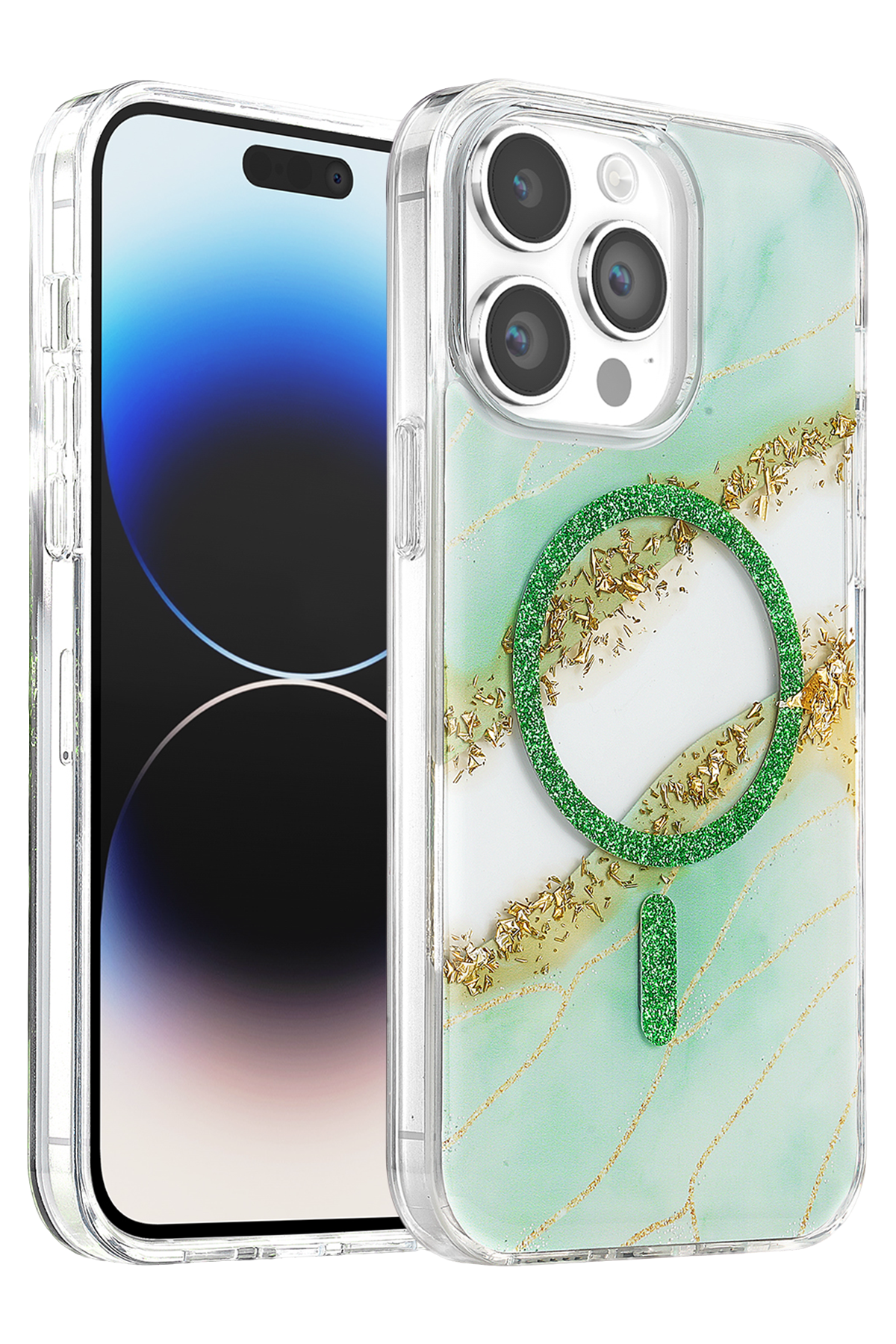 Onegif Apple iPhone 14 Pro Max Lotus Simli Magsafe Kapak - Yeşil 1