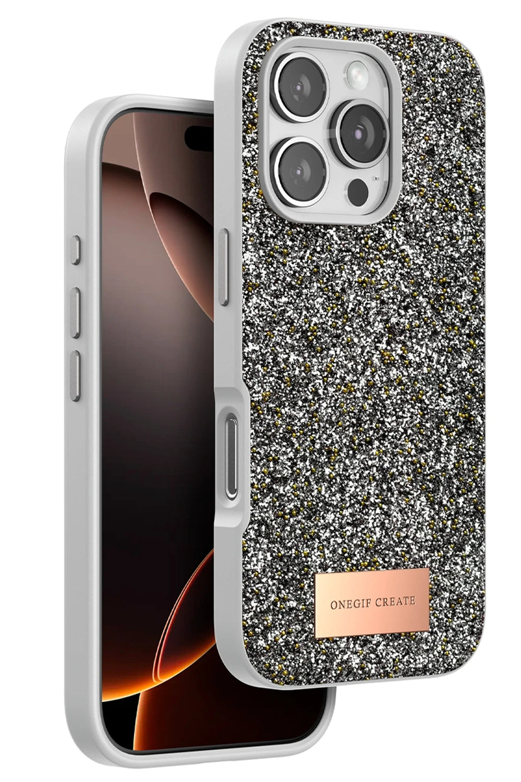 Onegif Apple iPhone 16 Pro Bright Simli Kapak - Gümüş 1