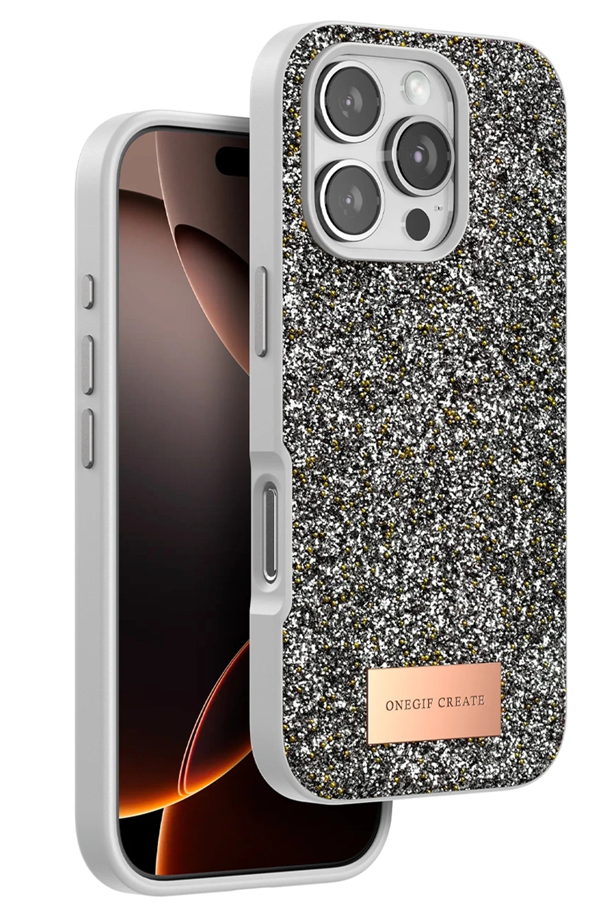 Onegif Apple iPhone 16 Pro Bright Simli Kapak - Gümüş 1
