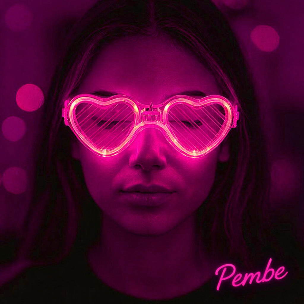 Pembe LED Işıklı Kalp Gözlük – 3 Modlu Parti - Glow Gözlüğü (5538) 1