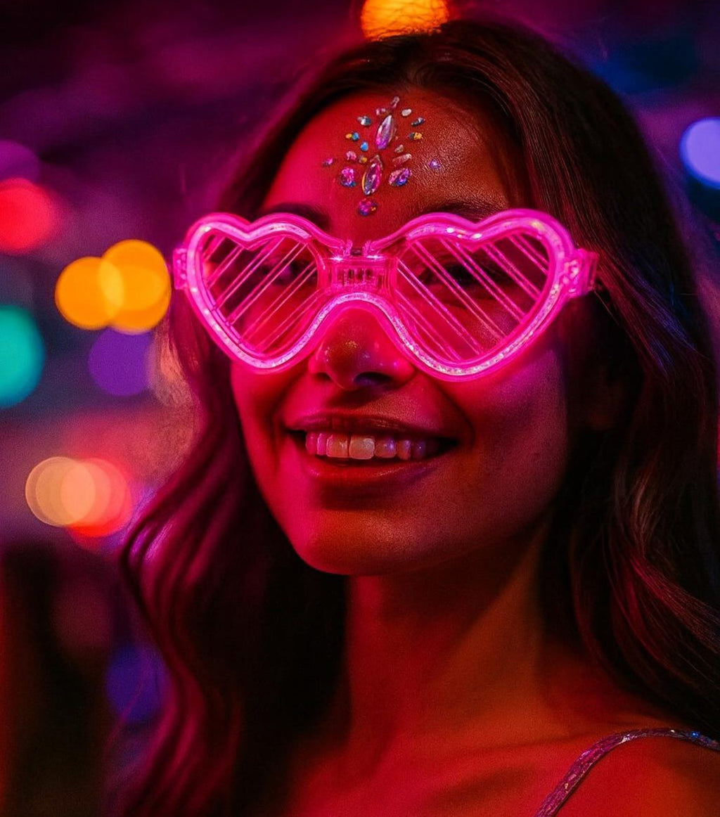 Pembe LED Işıklı Kalp Gözlük – 3 Modlu Parti - Glow Gözlüğü (5538) 2