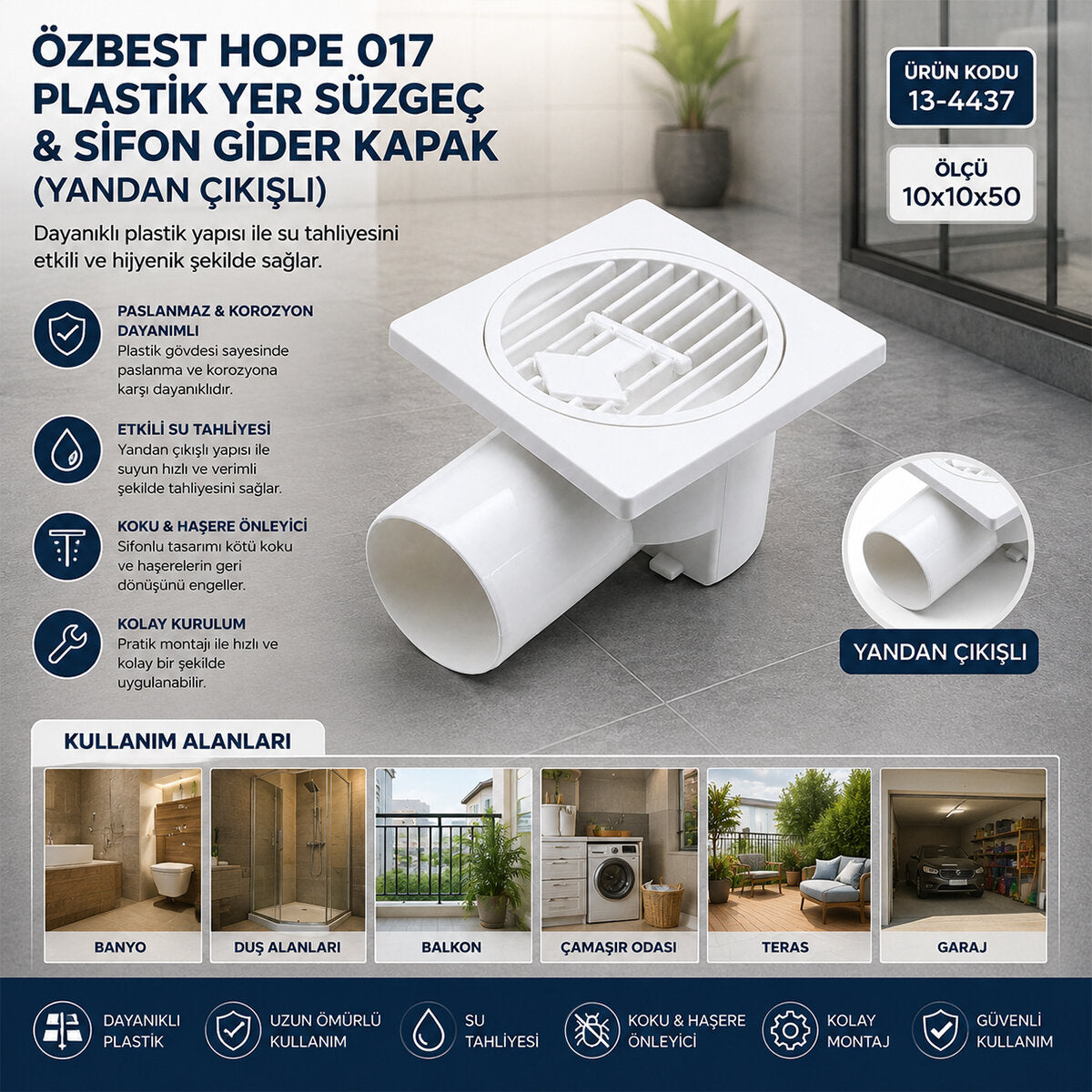 PLASTİK YER SÜZGEÇ - SİFON GİDER KAPAK YANDAN 10X10X50 (5538) 2