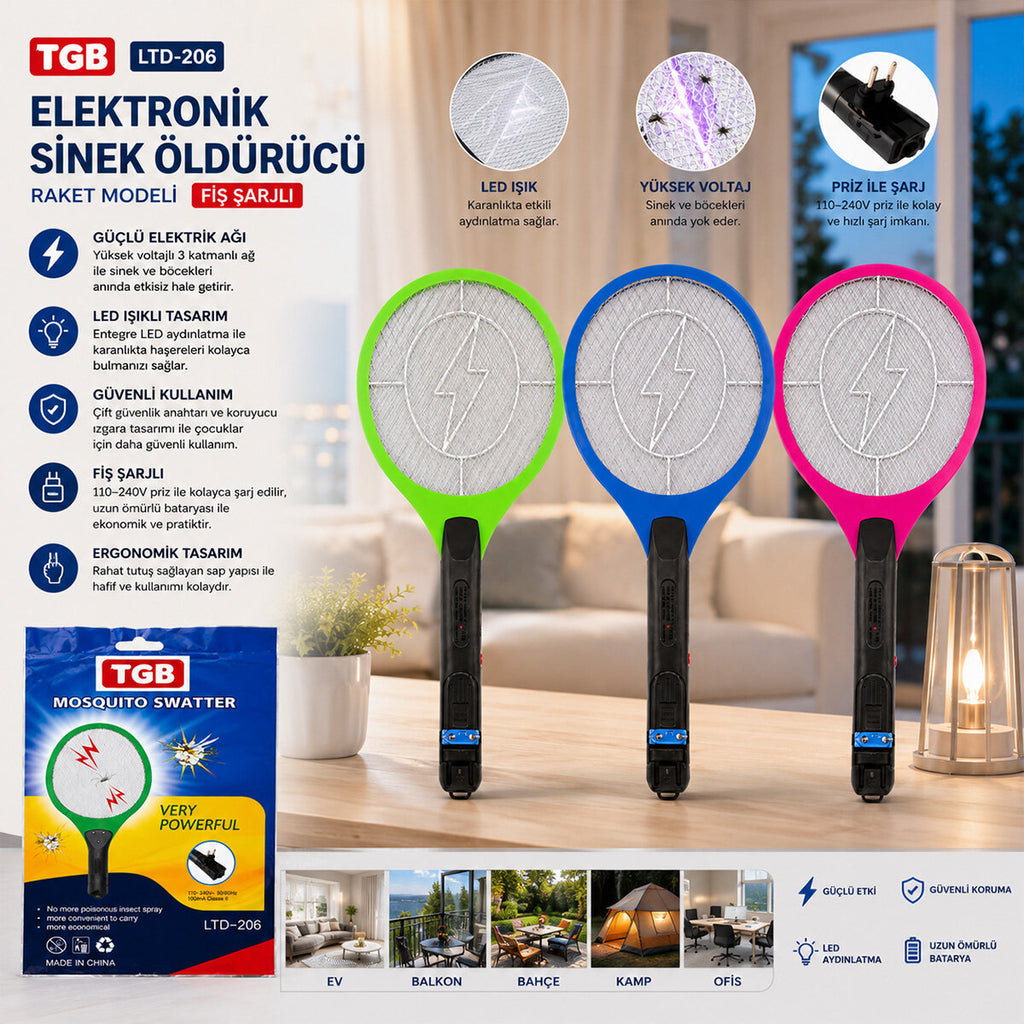 RAKET MODELİ FİŞ SARJLI ELEKTRONİK SİNEK ÖLDÜRÜCÜ CIZ MAKİNE LTD-206 (5538) 2
