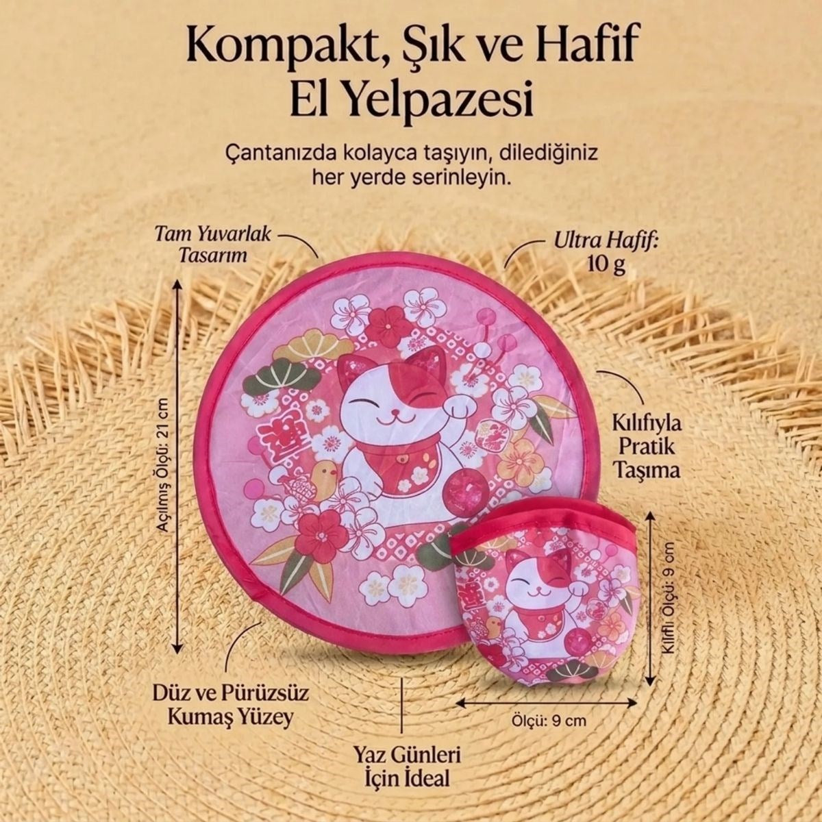 Şanslı Kedi (Maneki Neko) Desenli Katlanabilir Cep Yelpazesi - Kılıflı Sevimli El Yelpazesi (5538) 5