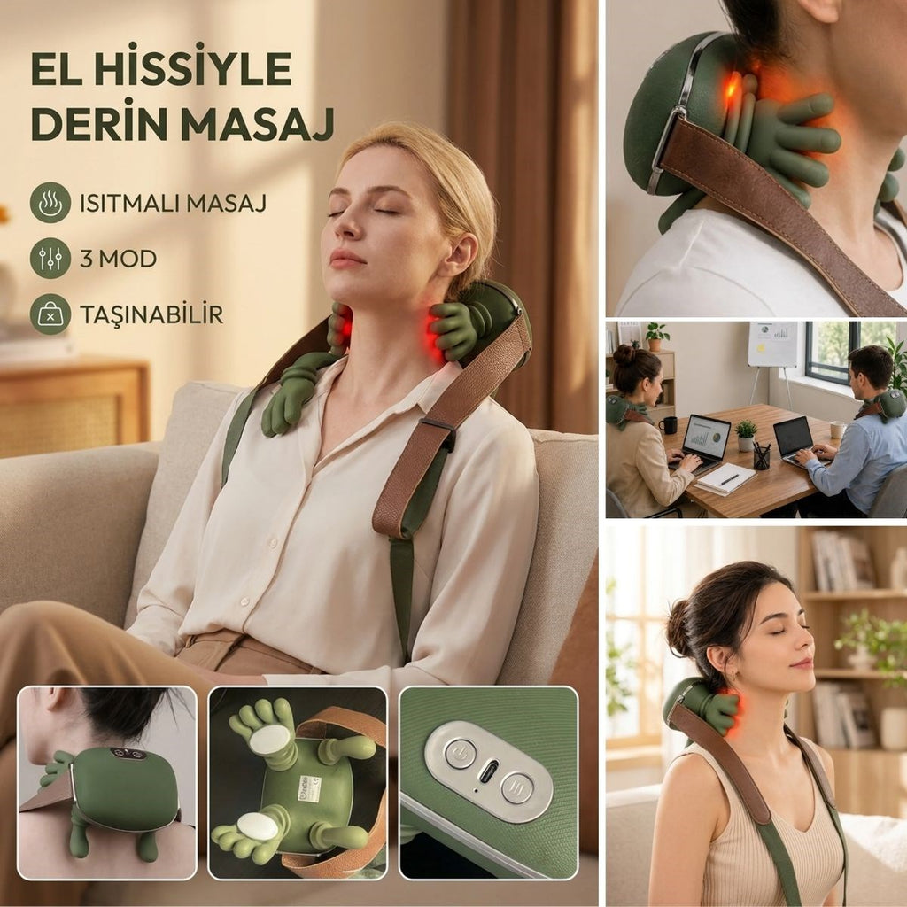 Şarjlı Isıtmalı Boyun ve Omuz Masaj Aleti Parmak Hareketini Taklit Eden Yoğurma Masaj Cihazı (5538) 5
