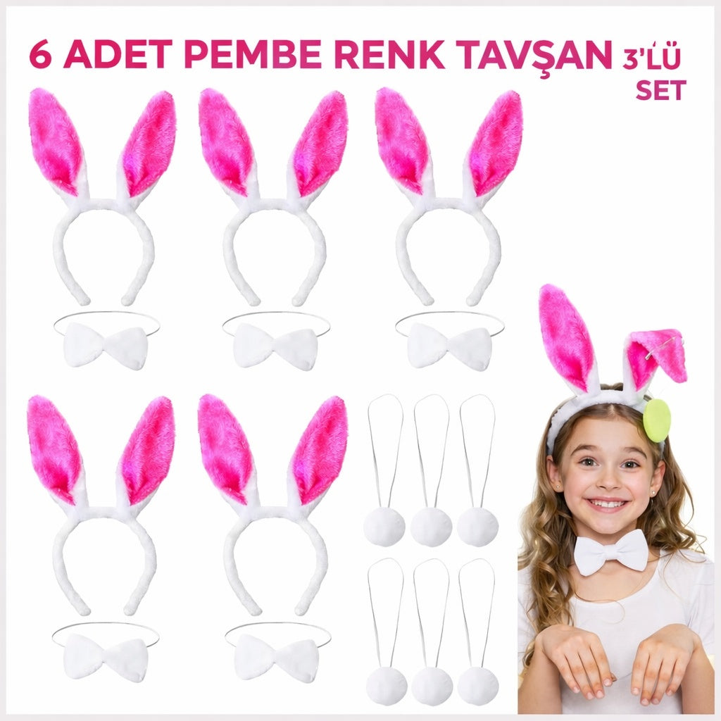 Şeker Pembesi Tavşan Sahne Seti 6'lı Set Taç Papyon Kuyruk (5538) 1