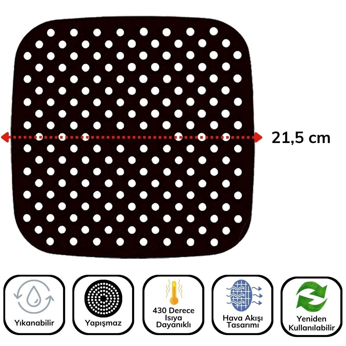 Siyah Isıya Dayanıklı Yıkanılabilir Silikon Fırın Ve Airfryer Kare Model Pişirme Matı 21,5 Cm (5538) 5
